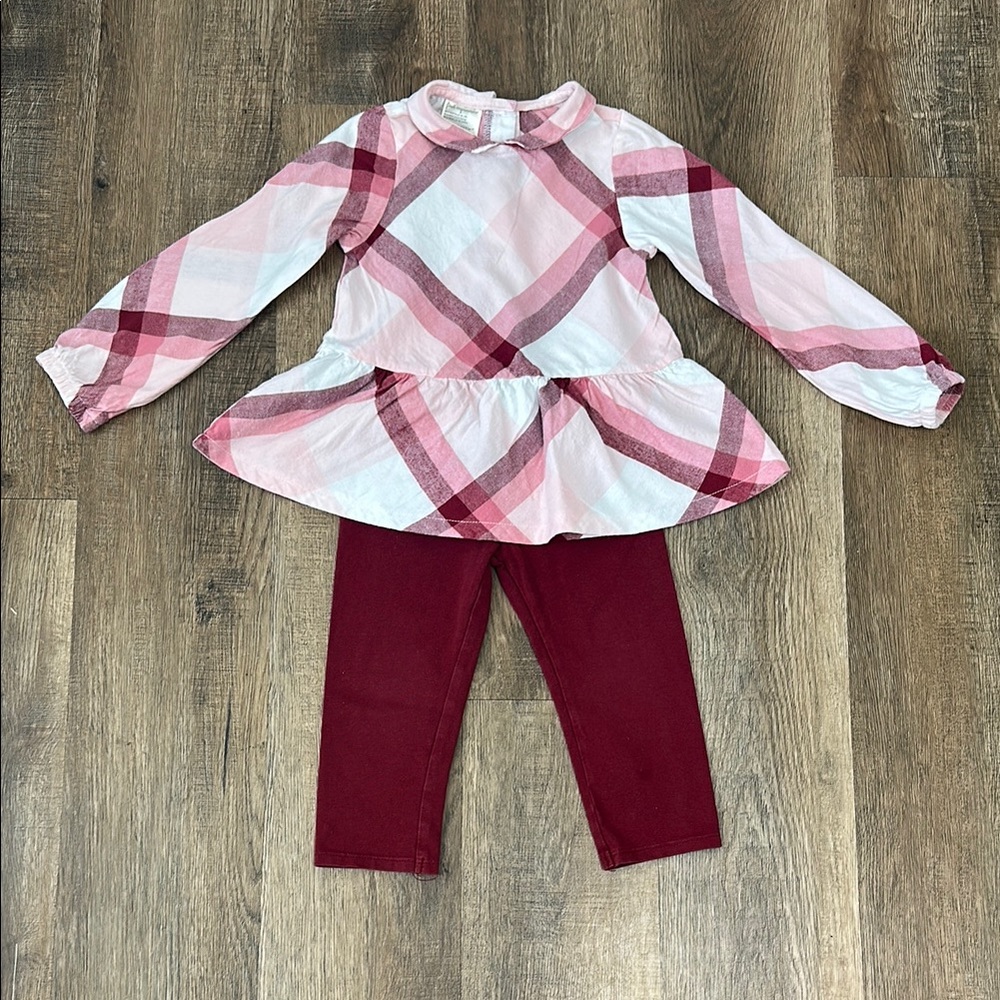 First Impressions,Plaid Pink and Red Long Sleeve Top with Red Leggings